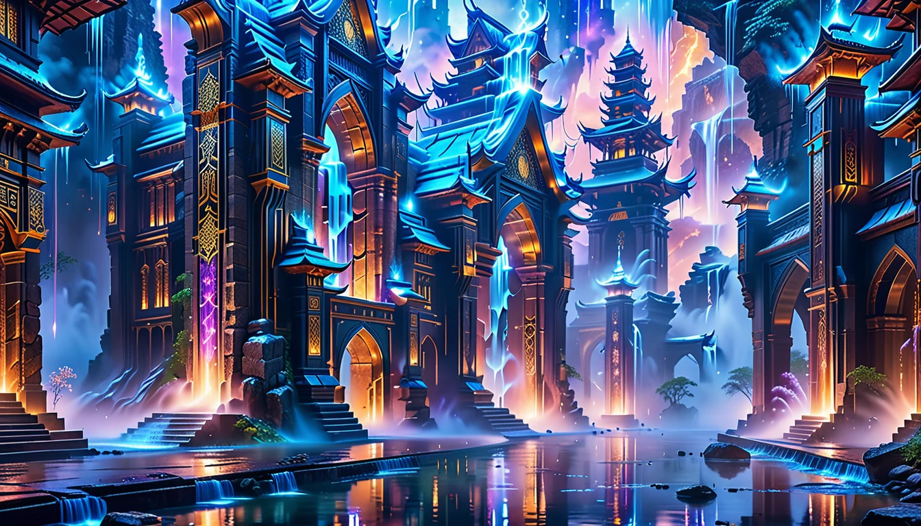 A Masterpiece In 32K Resolution, Supreme Quality, Super Detail, Official Art, Very High-Resolution 32K Wallpaper. A Majestic Tiger With Ultra-Detailed Features Prowls Gracefully In The Foreground. Magical And Arcane, Ultra-Detailed Features. Grand Floating Towers Of Arcane Architecture Hover Above An Ancient City. Magic Symbols And Runes Glow Softly In The Air As Wizards And Scholars Walk Through Floating Bridges. Mystic Waterfalls Of Liquid Mana Flow Through The Streets, And At The Highest Tower, An Ancient Arcane Portal Glows With Otherworldly Light.