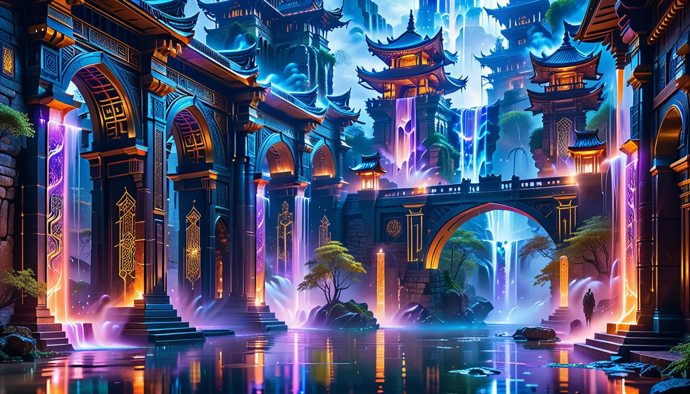 A Masterpiece In 32K Resolution, Supreme Quality, Super Detail, Official Art, Very High-Resolution 32K Wallpaper. A Majestic Tiger With Ultra-Detailed Features Prowls Gracefully In The Foreground. Magical And Arcane, Ultra-Detailed Features. Grand Floating Towers Of Arcane Architecture Hover Above An Ancient City. Magic Symbols And Runes Glow Softly In The Air As Wizards And Scholars Walk Through Floating Bridges. Mystic Waterfalls Of Liquid Mana Flow Through The Streets, And At The Highest Tower, An Ancient Arcane Portal Glows With Otherworldly Light.