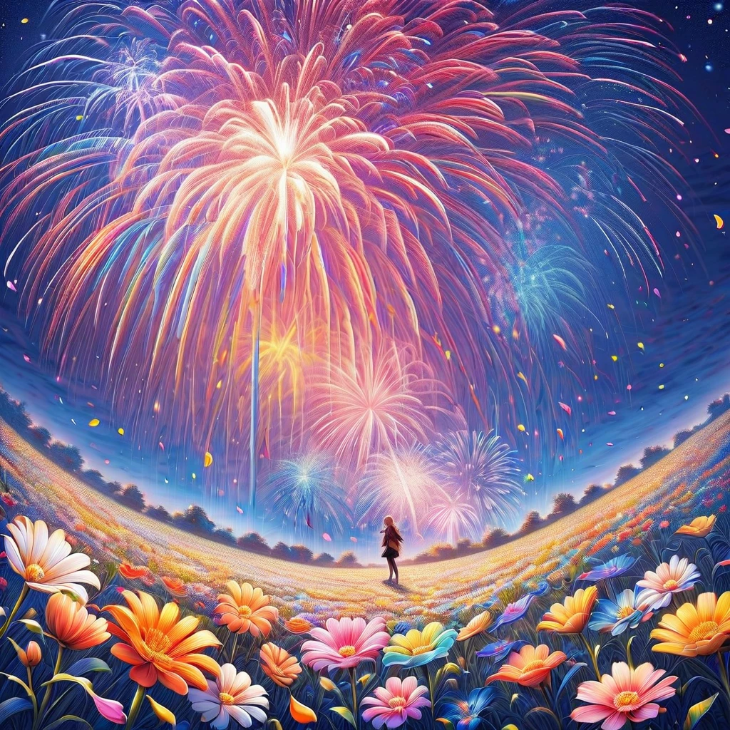 Field of flowers at night, fireworks made of flower petals, fireworks made of rainbow petals sparkling in a starry night, lots of pale flowers, acrylic art, colorful abstract art.