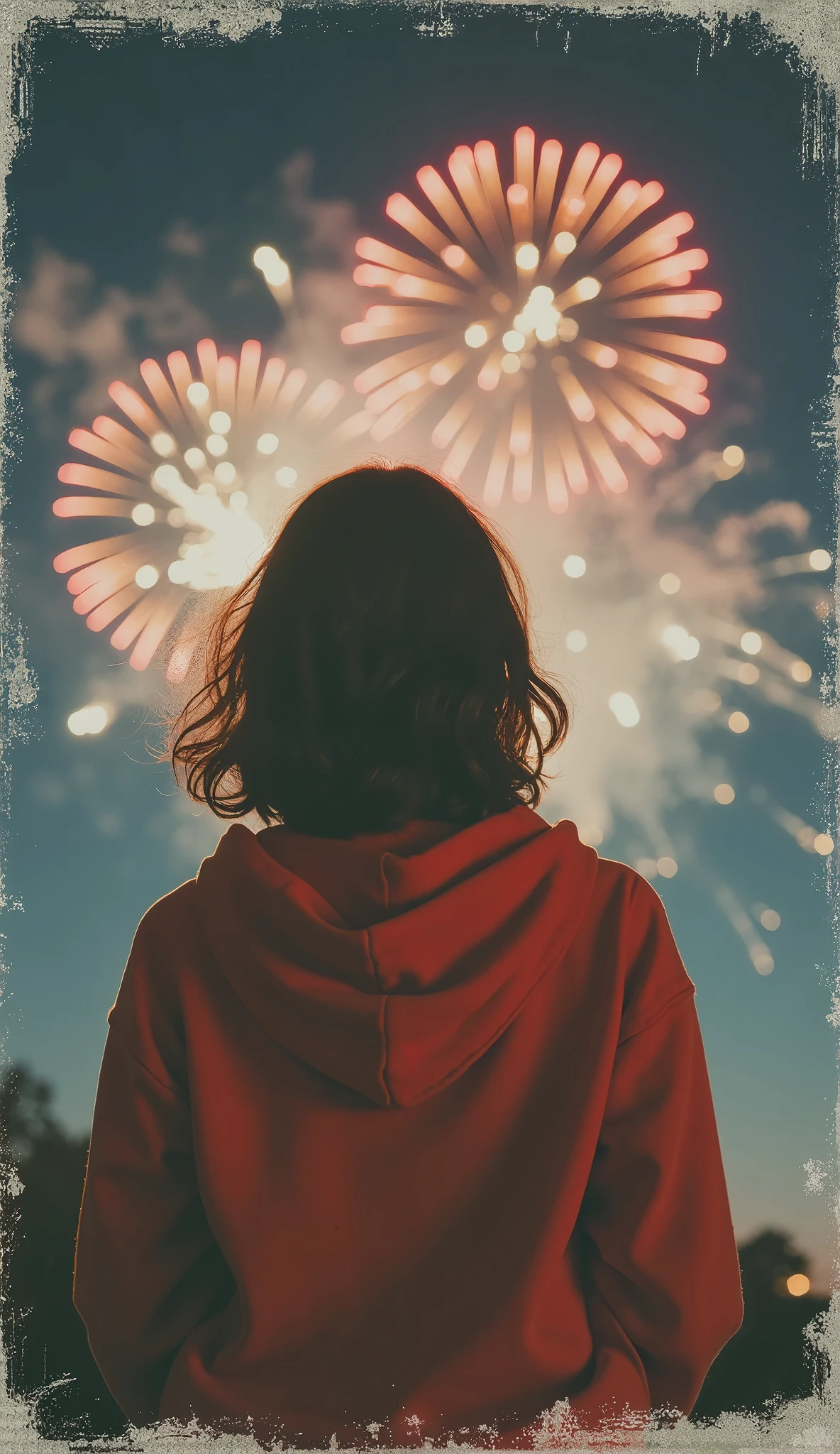 A nostalgic, grainy 1990s-style polaroid image of a girl in a red hoodie, facing the camera with a captivating smile. Her wavy, shoulder-length hair frames her face, and she appears to be wearing earrings with a touch of sparkle. In the background, a dazzling fireworks display illuminates the night sky, with bright shades of red, blue, and yellow. The overall ambiance is warm and nostalgic, evoking a sense of joy and wonder from a bygone era.