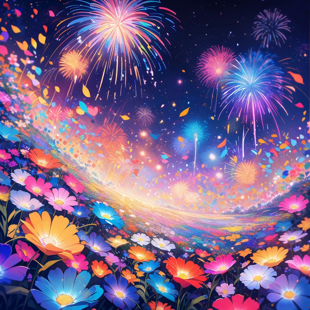 Field of flowers at night, fireworks made of flower petals, fireworks made of rainbow flower petals sparkling in a starry night, lots of pale flowers, acrylic art, colorful abstract art.