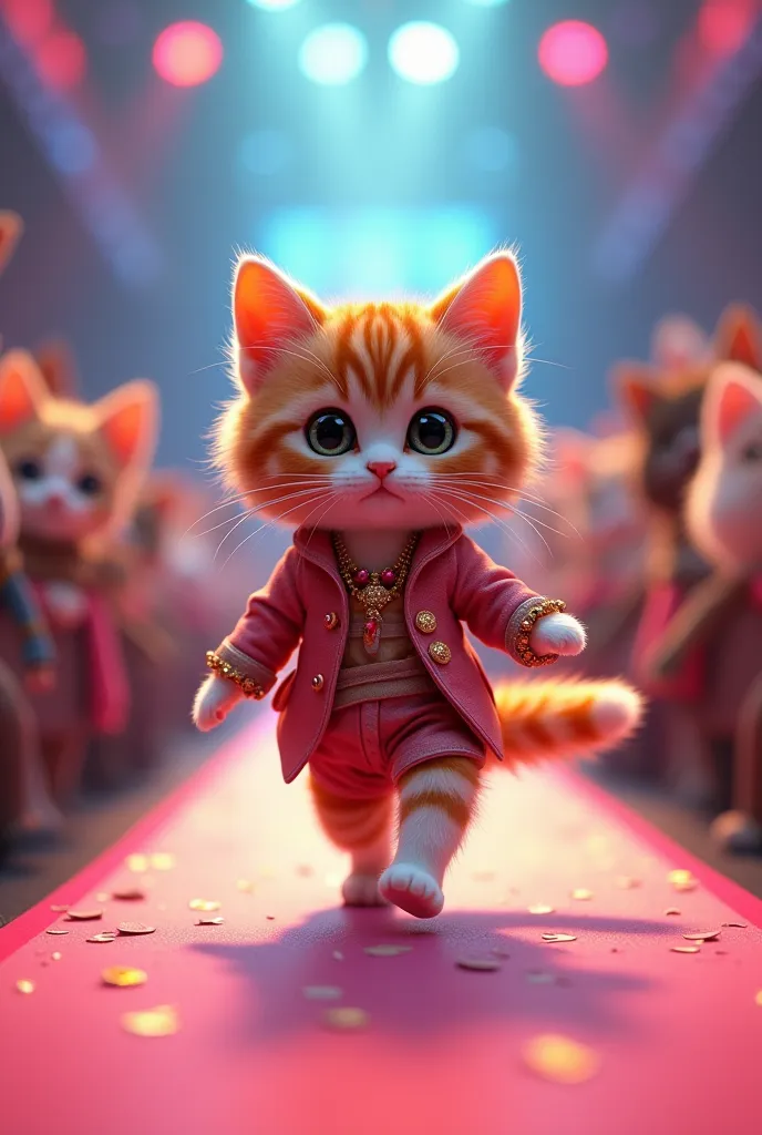 A fluffy cat dressed in a tiny, fashionable outfit, walking down a runway with colorful lights and an audience of other cute animals watching. The cat strikes a playful pose at the end of the runway.
