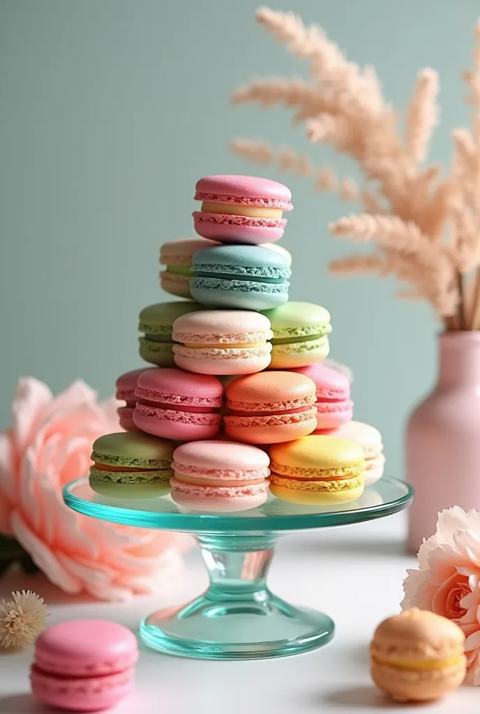 A pyramid of brightly colored macarons in pastel pink, blue, green, and yellow, arranged on a glass stand with soft lighting and delicate floral decorations around it.
