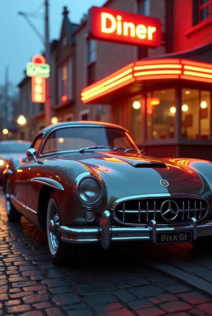 A beautifully restored vintage car parked on a cobblestone street in front of a classic diner with neon signs. The car’s polished chrome glistens in the soft glow of the streetlights.
