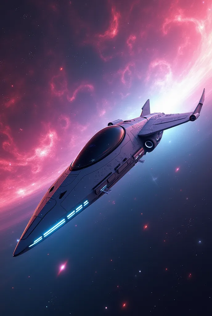 A sleek, futuristic spaceship cruising through a vibrant galaxy, with colorful nebulas and distant stars lighting up the cosmic background. The ship has glowing lights and smooth, aerodynamic curves.
