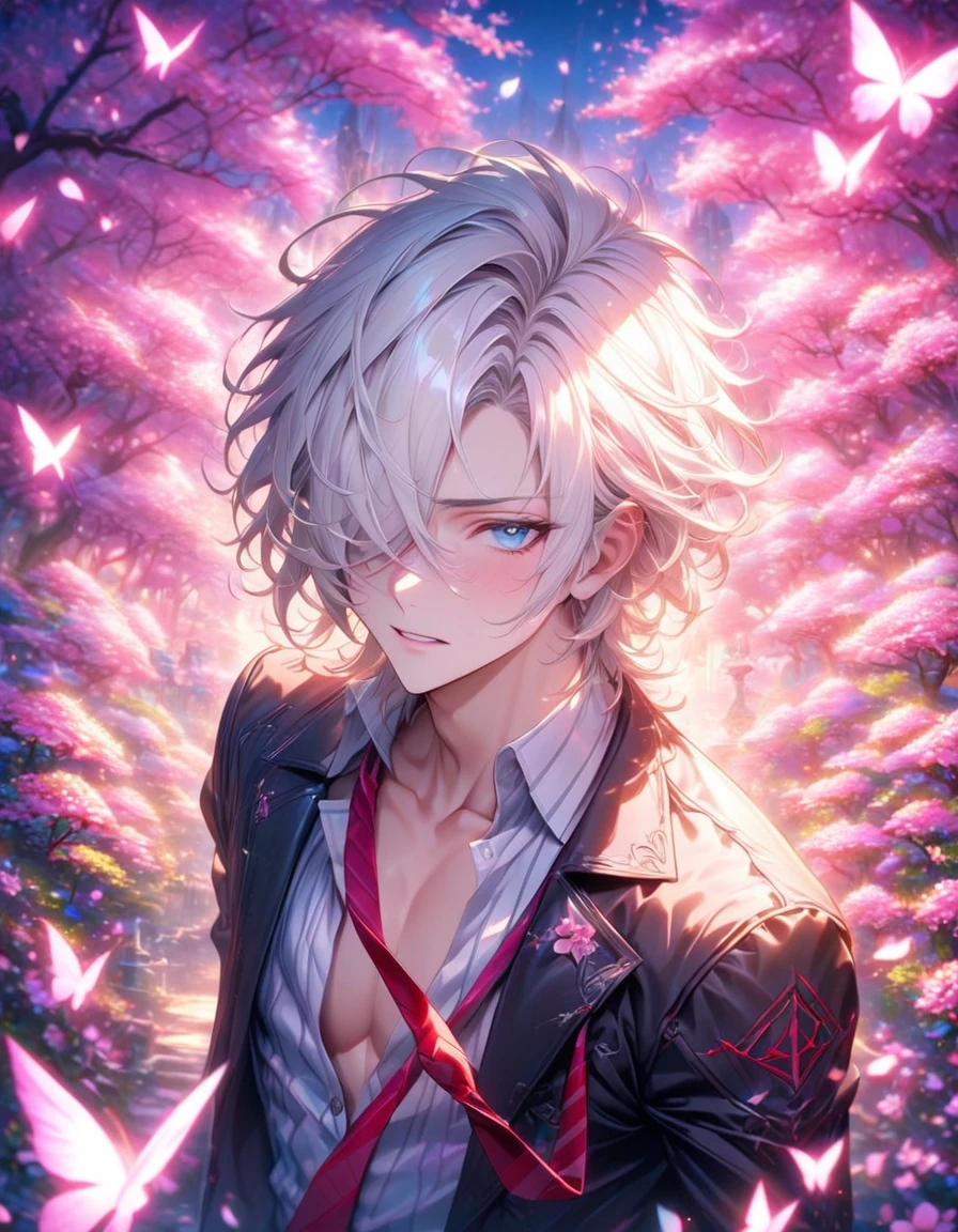 8k, ultra resolution, extremely detailed, HD Resolution, intricate details, best quality, Neuvillete, white hair, expressive blue eyes, hair over the right eye, the tips of his hair are blonde, short hair, Code Vein, solo, sexy man, handsome, sensual, adult face, adult, striped white shirt, unbuttoned, black jacket, untied red necktie, fantasy, magical, garden, cherry blossoms, pink flowers, pink petals, pink butterflies, Envy Magical