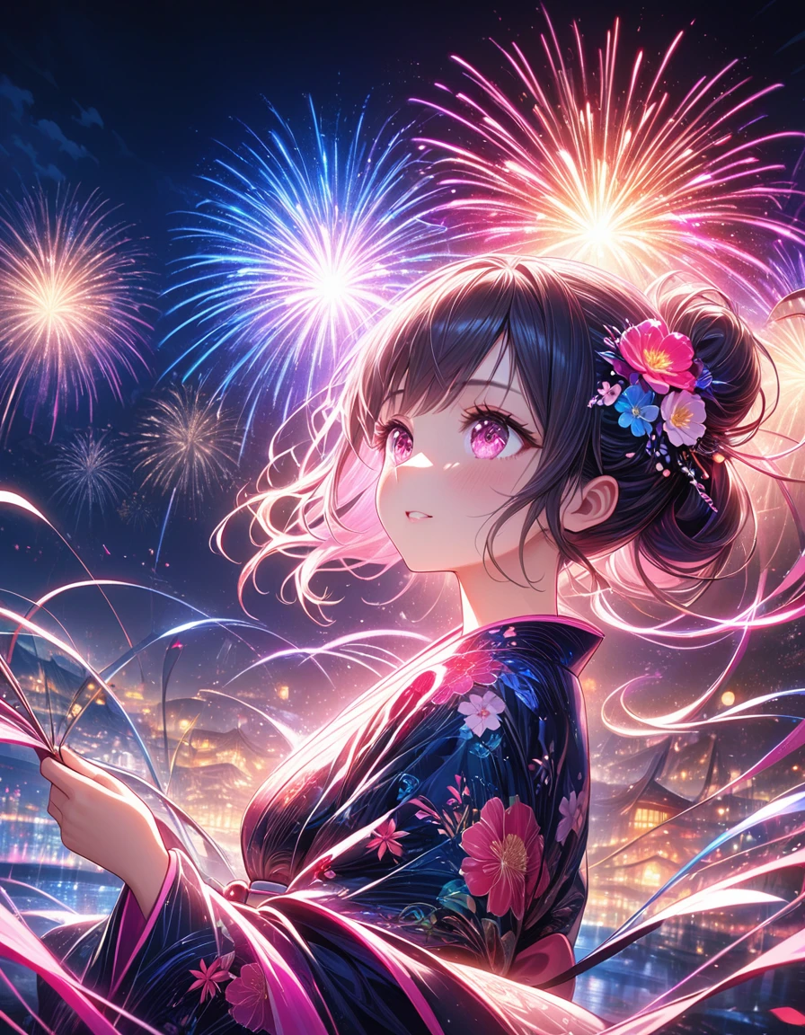 1girl, alone、屋形船の中で女の子がfireworkを眺めています、Fantastic scenery、(looking away)、(firework), (festival) (Pink floral print kimono)、a fantastical world unfolds, bright and glittering, spectacular explosions, grand and mesmerizing, illuminating the darkness, vivid and vibrant colors, light displays, dazzling patterns, mesmerizing and fantastic, inverted image, high quality, (16K resolution), ((super detailed)) ((Artwork by)), ultra realistic, lights, dynamic lines, oc rendering