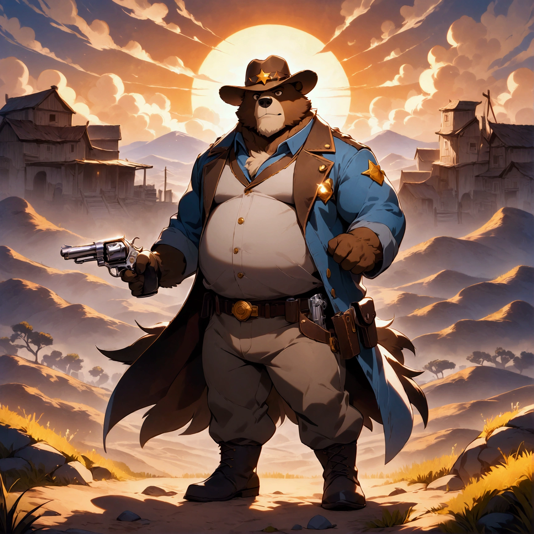 sheriff's, a musclegut middle-aged western bear man, full body in Michelangelo Buonarroti style, digital illustration anime, digital illustration anime, character focus, full body, looking away, dynamic angle, BREAK sheriff's hat, pistol, revolver holster, costume, pants, rushing wind, gun duel, dynamic pose, detailed painting landscape, evening sun, western village, a tumbleweed rolling across a desert landscape, outdoor, BREAK complete anatomy, perfect proportions, beautiful thigh gap, fluffy body, intricate fur details, beautiful fur texture, BREAK detailed bear 1tail, detailed boots, beautiful foot, detailed hands, 5fingers, 5fingers nails, BREAK aesthetic anime face, insanity detailed face, male face, big face, square jawline, aesthetic anime eyes, detailed brown eyes, detailed brown cornea, detailed dark brown irises, detailed pupils, male eyes, big eyes, male eyebrows, innocent look, beautiful beard, BREAK masterpiece, official art, best quality, very aesthetic, absurdres, super fine illustration, great quality, BREAK noise reduction, very highres, large filesize, high quality, 32K, 8k wallpaper, dynamic lighting, BREAK insanity detailed, ultra detailed, intricate details, extremely detailed, detailed texture, an extremely delicate and beautiful, full color, HDR, BREAK e621 uncut tag, Fur Affinity illustration, osukemo, kemohomo, anthropomorphic, furry, cartoon, harmonious, pastoral, virtuous, western atmosphere 