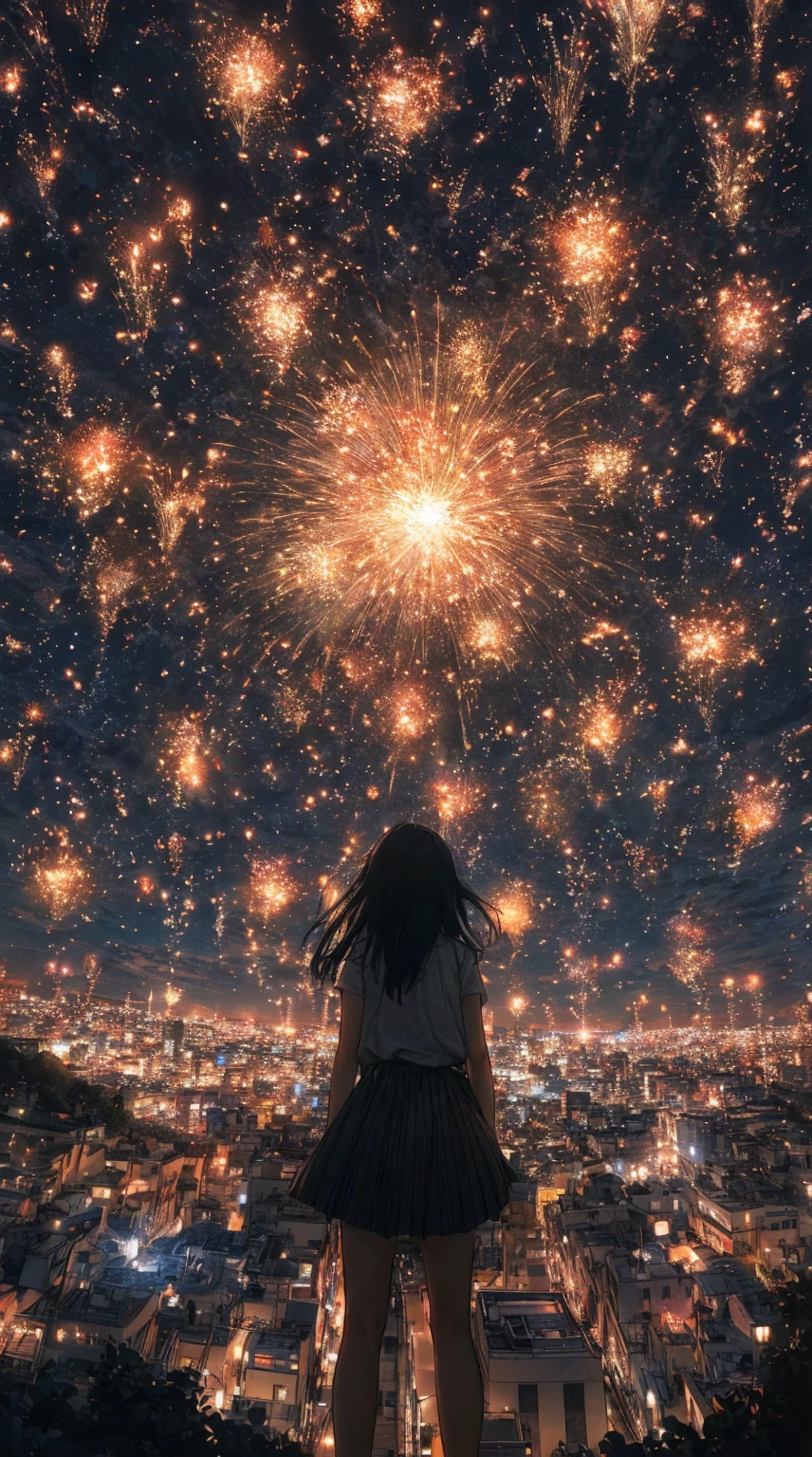 A highly detailed digital illustration of a massive fireworks display over a traditional Japanese castle in Kyoto, late in the evening, anime style, with a focus on the colorful fireworks, intricate architectural details of the castle, and a serene late evening atmosphere, (best quality,4k,8k,highres,masterpiece:1.2),ultra-detailed,(realistic,photorealistic,photo-realistic:1.37),detailed castle,detailed fireworks,anime style,fireworks focus,kyoto castle at night,late evening,beautiful detailed sky,beautiful detailed architecture,detailed traditional japanese aesthetic,detailed lighting and shadows,vibrant colors,stunning composition