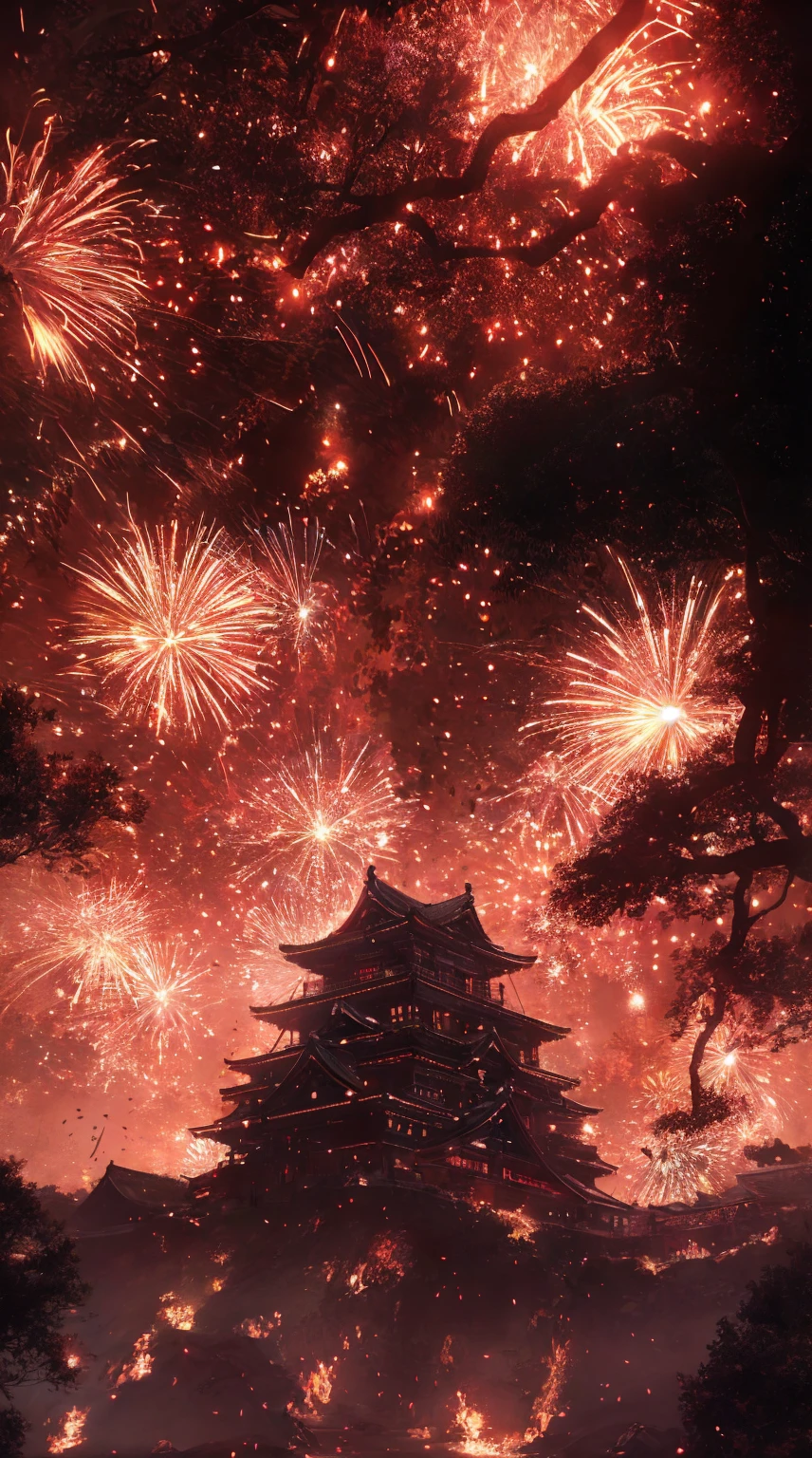 A highly detailed digital illustration of a massive fireworks display over a traditional Japanese castle in Kyoto, late in the evening, anime style, with a focus on the colorful fireworks, intricate architectural details of the castle, and a serene late evening atmosphere, (best quality,4k,8k,highres,masterpiece:1.2),ultra-detailed,(realistic,photorealistic,photo-realistic:1.37),detailed castle,detailed fireworks,anime style,fireworks focus,kyoto castle at night,late evening,beautiful detailed sky,beautiful detailed architecture,detailed traditional japanese aesthetic,detailed lighting and shadows,vibrant colors,stunning composition