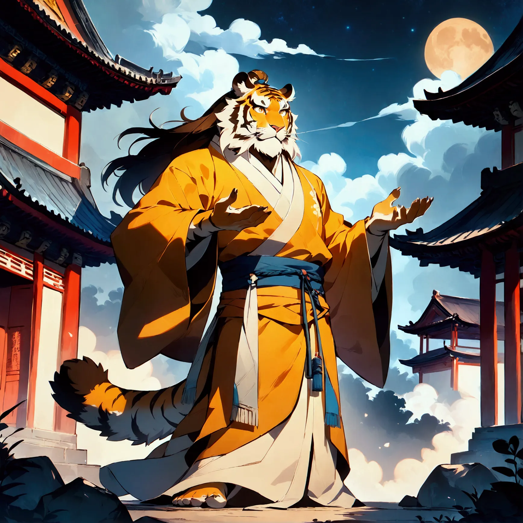 wuxia, daoist, a plump middle-aged chinese tiger man, full body in michelangelo buonarroti style, digital illustration anime, ch...