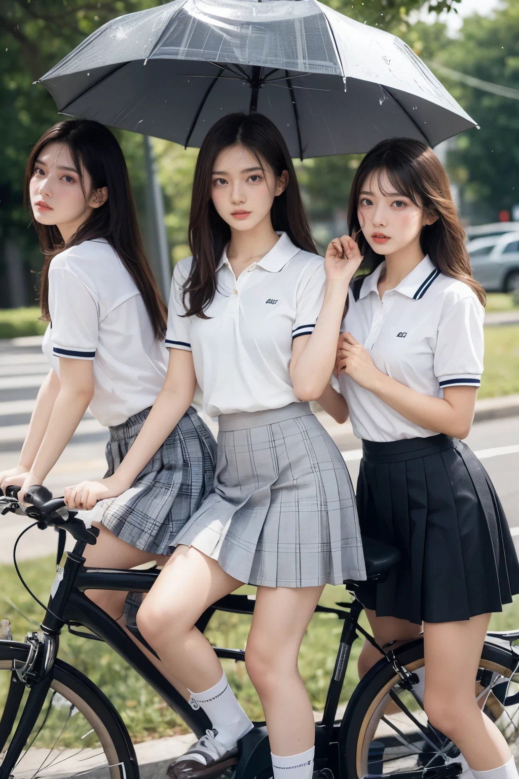 heavy rain, soaked, umbrella, long hair, looking at viewer, smile, bangs, blue eyes, multiple girls, skirt, brown hair, shirt, black hair, short sleeves, brown eyes,  long hair, standing, white polo shirt, pleated skirt, open clothes, shoes, socks, striped, collared shirt, hand up, (3girls:1.3), bag, kneehighs, plaid skirt, brown footwear, flying sweatdrops, loafers, grey skirt, school bag, diagonal stripes, (ride on bicycle :1.3)