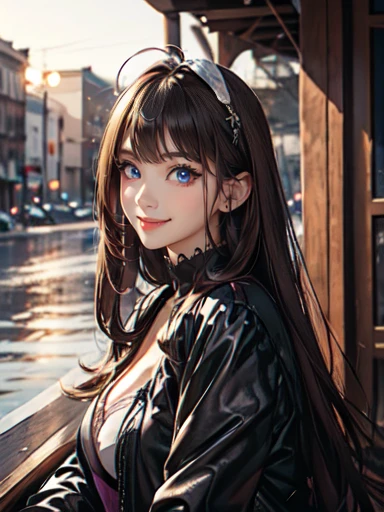 And_visVamp、Female 1 person、solo、Long Hair、Staring at the audience、Brown Hair、Photoshop (middle)、original、Brown eyes、(Purple Eyeshadow)、pastel pink lipstick、Large Breasts、water、lips、Wet、Real、Gold ring earrings、Sexy winter clothes、Bangs Ahoge