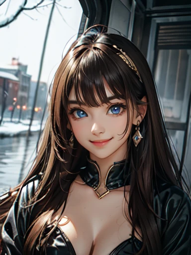 And_visVamp、Female 1 person、solo、Long Hair、((Brown Hair))、Photoshop (middle)、original、Brown eyes、Hostess Makeup、Large Breasts、water、lips、Wet、Real、Gold ring earrings、Sexy winter clothes、Bangs Ahoge