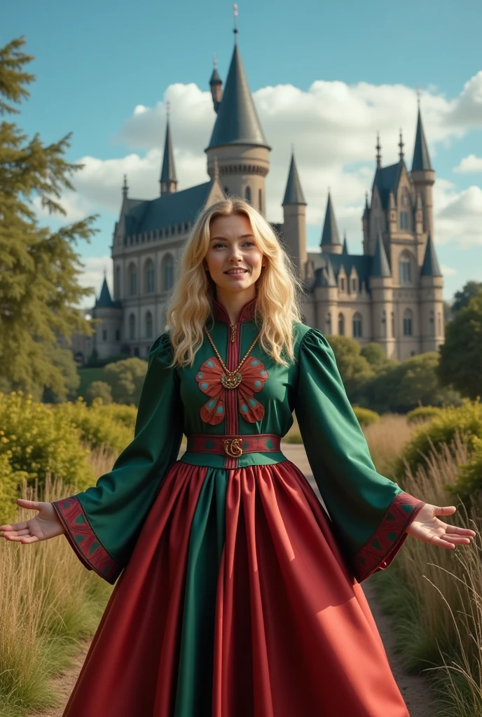 a masterpiece photo of a full-length blonde with green eyes, dressed as a mage, actively talking, gesticulating, a cheerful facial expression, an interesting dynamic pose, against the background of a college of magic, a rich blue sky with clouds, a lot of vegetation, bright colors, intricate bizarre color combinations