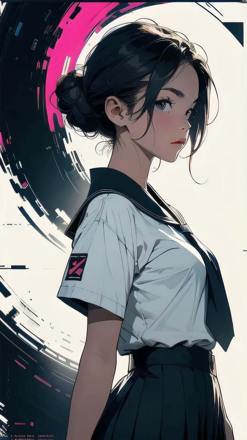 (masterpiece,  Best Quality), (Alone:1.2), (One Japanese woman:1.2), Female students, 32K Wallpapers,  Very detailed,  Poster,  School Uniform, Uniforms from prestigious Tokyo Metropolitan High Schools:1.21, Short sleeve clothing, White short-sleeved sailor uniform:1.21, sera fuku:1.21, The upper body is wearing a uniform:1.21, navy skirt, Brown Hair, Chignon Hair, brown eyes:1.5, (shape), (Abstract), (Pop art style), movie Poster, (portfolio), (close), (Bust Up), More Angles, Highlights, Heterochromia, (completion, Detailed face), Very talented, (The most complex futuristic), (Colorful color scheme), (detailed unlimited, equipment:1.37,  Thermography), (Very pop background), (Texture:Grunge), 