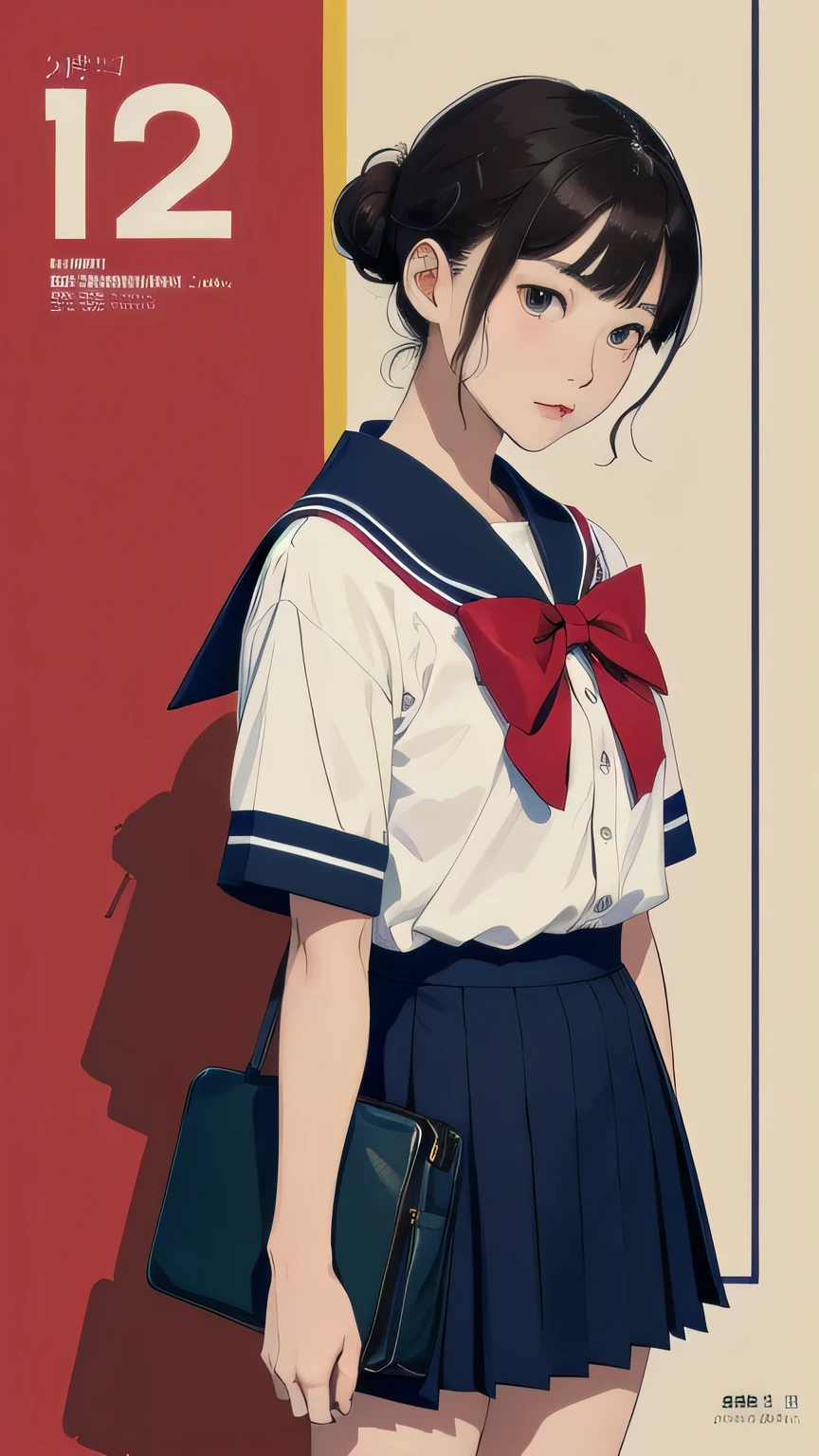 (masterpiece,  Best Quality), (Alone:1.2), (One Japanese woman:1.2), Female students, 32K Wallpapers,  Very detailed,  Poster,  School Uniform, Uniforms from prestigious Tokyo Metropolitan High Schools:1.21, Short sleeve clothing, White short-sleeved sailor uniform:1.21, sera fuku:1.21, The upper body is wearing a uniform:1.21, navy skirt, Brown Hair, Chignon Hair, brown eyes:1.5, (shape), (Abstract), (Pop art style), movie Poster, (portfolio), (close), (Bust Up), More Angles, Highlights, Heterochromia, (completion, Detailed face), Very talented, (The most complex futuristic), (Colorful color scheme), (detailed unlimited, equipment:1.37,  Thermography), (Very pop background), (Texture:Grunge), 