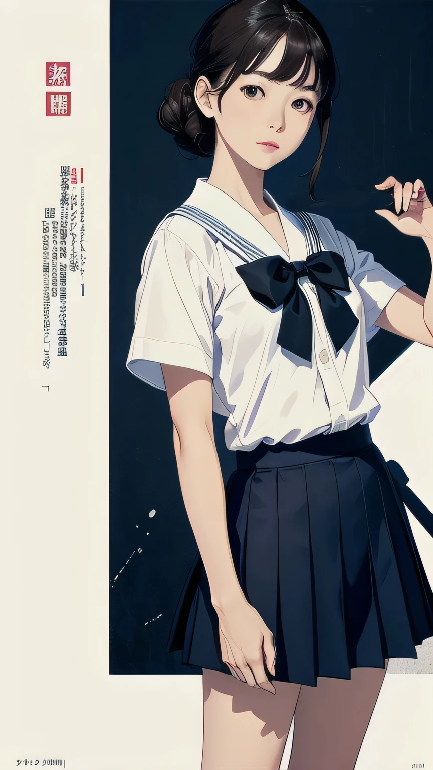 (masterpiece,  Best Quality), (Alone:1.2), (One Japanese woman:1.2), Female students, 32K Wallpapers,  Very detailed,  Poster,  School Uniform, Uniforms from prestigious Tokyo Metropolitan High Schools:1.21, Short sleeve clothing, White short-sleeved sailor uniform:1.21, sera fuku:1.21, The upper body is wearing a uniform:1.21, navy skirt, Brown Hair, Chignon Hair, brown eyes:1.5, (shape), (Abstract), (Pop art style), movie Poster, (portfolio), (close), (Bust Up), More Angles, Highlights, Heterochromia, (completion, Detailed face), Very talented, (The most complex futuristic), (Colorful color scheme), (detailed unlimited, equipment:1.37,  Thermography), (Very pop background), (Texture:Grunge), 