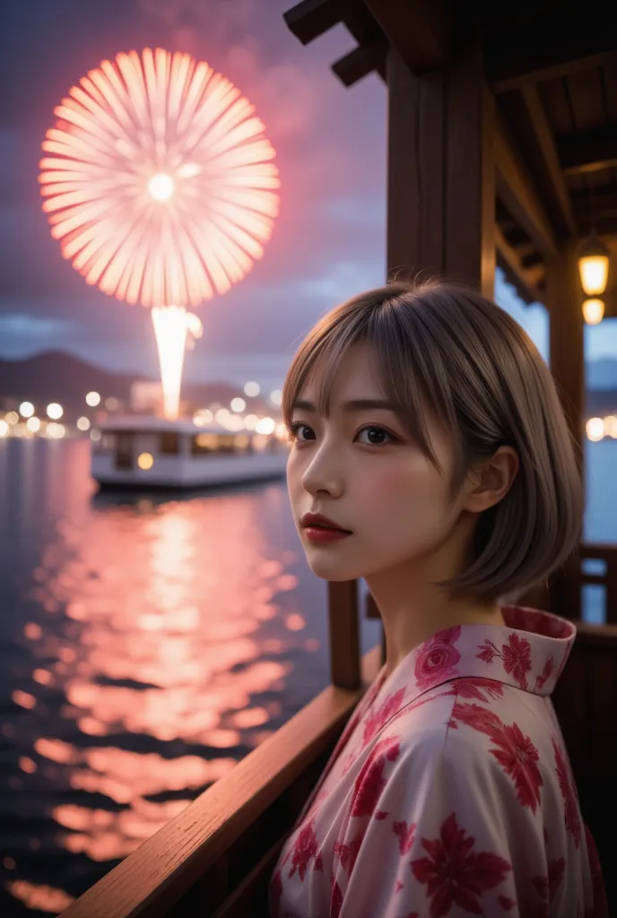 one girl, alone、gal ,brown eyes,屋形船の中で女の子がfireworkを眺めています、fantastic scenery、(looking away)、(firework), (festival) (pink floral p...