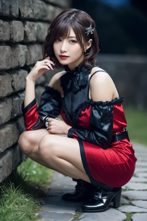 1 girl, (she is wearing a red dress:1.3), (gothic makeup), portrait of an adorable japanese symphonic metal singer, (raw photo b...