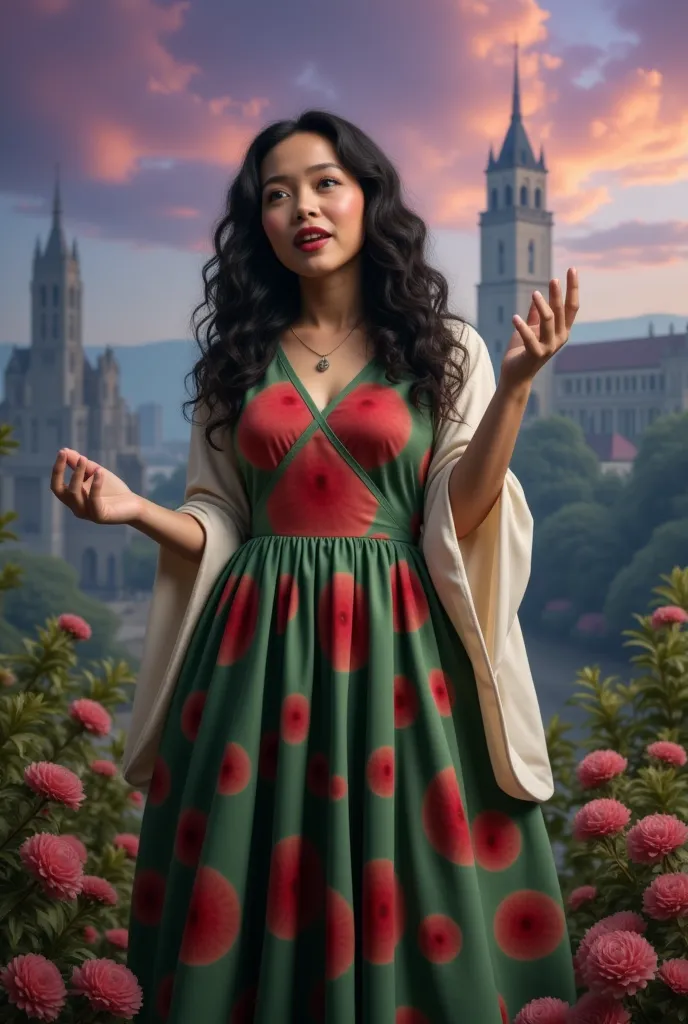 masterpiece photo of a dark-haired full-length woman with green eyes dressed as mage actively says something while gesticulating, a cheerful facial expression, blush, interesting dynamic pose, against the background of college of magic, a rich blue-purple sky with clouds, a lot of vegetation, bright colors, intricate bizarre color combinations