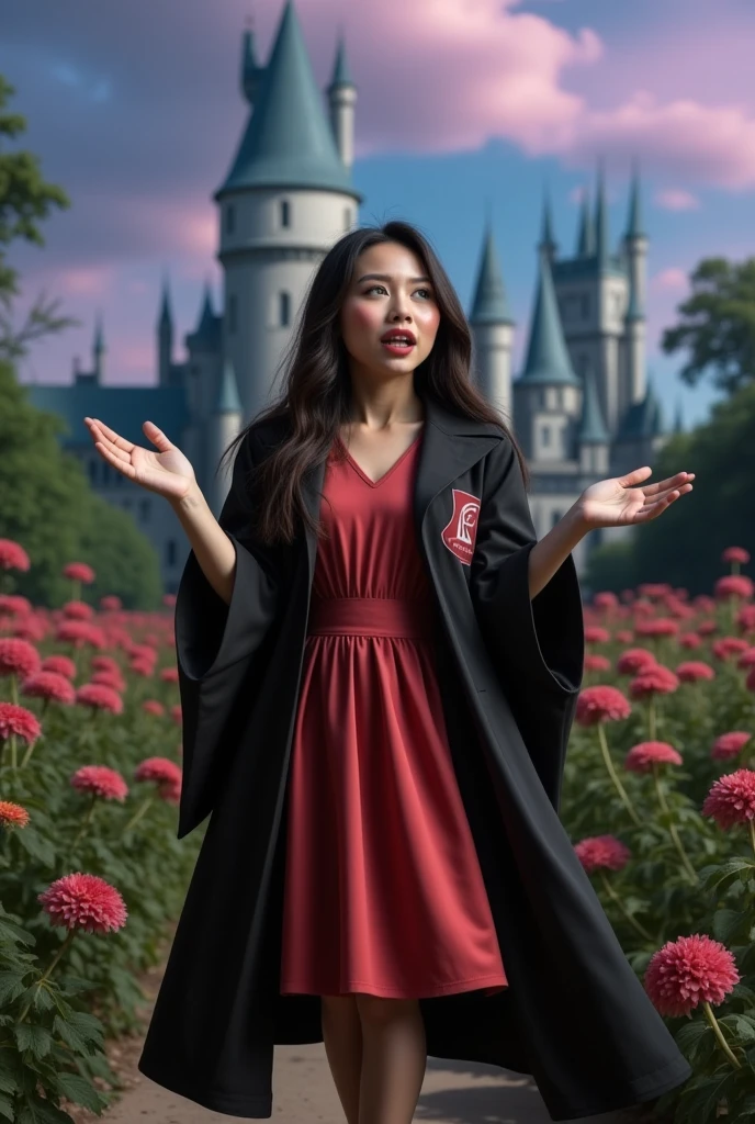 masterpiece photo of a dark-haired full-length woman with green eyes dressed in Hogwarts mage uniform actively says something while gesticulating, a cheerful facial expression, blush, interesting dynamic pose, against the background of college of magic, a rich blue-purple sky with clouds, a lot of vegetation, bright colors, intricate bizarre color combinations