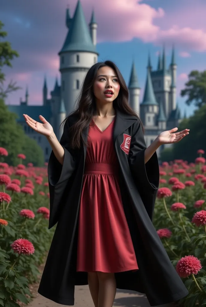 masterpiece photo of a dark-haired full-length woman with green eyes dressed in hogwarts mage uniform actively says something wh...