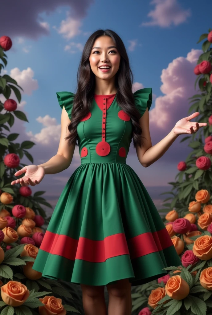 masterpiece photo of a dark-haired full-length woman with green eyes dressed in Hogwarts mage uniform actively says something while gesticulating, a cheerful facial expression, blush, interesting dynamic pose, against the background of college of magic, a rich blue-purple sky with clouds, a lot of vegetation, bright colors, intricate bizarre color combinations