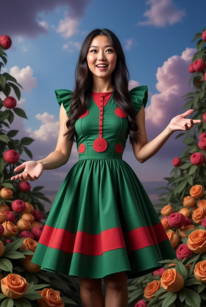 masterpiece photo of a dark-haired full-length woman with green eyes dressed in Hogwarts mage uniform actively says something while gesticulating, a cheerful facial expression, blush, interesting dynamic pose, against the background of college of magic, a rich blue-purple sky with clouds, a lot of vegetation, bright colors, intricate bizarre color combinations