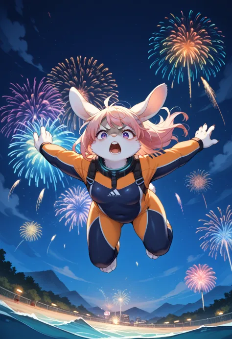 score_9, score_8_up, score_7_up, score_6_up, score_5_up, score_4_up, source_anime, best quality, amazing quality, very aesthetic, absurdres, 1girl, (furry, kemono:1.1), rabbit, skydiving, (high altitude:1.5), night, fireworks, dark sky, aggressive expression, angry, scared, open mouth, hair blowing in the wind, illuminated face, detailed skydiving suit, fireworks smoke, vibrant colors, depth