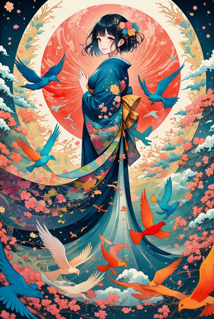 A serene scene featuring a girl in a traditional Japanese kimono, standing gracefully as vibrant birds fly around her. The birds are depicted as colorful silhouettes, each adorned with intricate, traditional Japanese patterns. In the background, large fireworks light up the sky, each explosion detailed with elegant Japanese motifs, similar to the birds' designs. The fireworks add vibrant reds, yellows, and blues to the night sky, their patterns beautifully blending with the swirling motion of the birds. The entire image has the delicate texture of washi paper, giving it a soft, artistic feel, while the harmonious mix of colors and traditional patterns creates a magical, celebratory atmosphere.