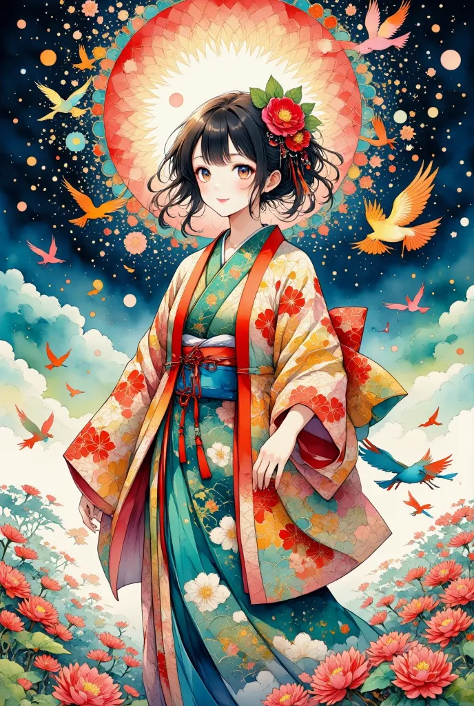 a serene scene featuring a girl in a traditional japanese kimono, standing gracefully as vibrant birds fly around her. the birds...