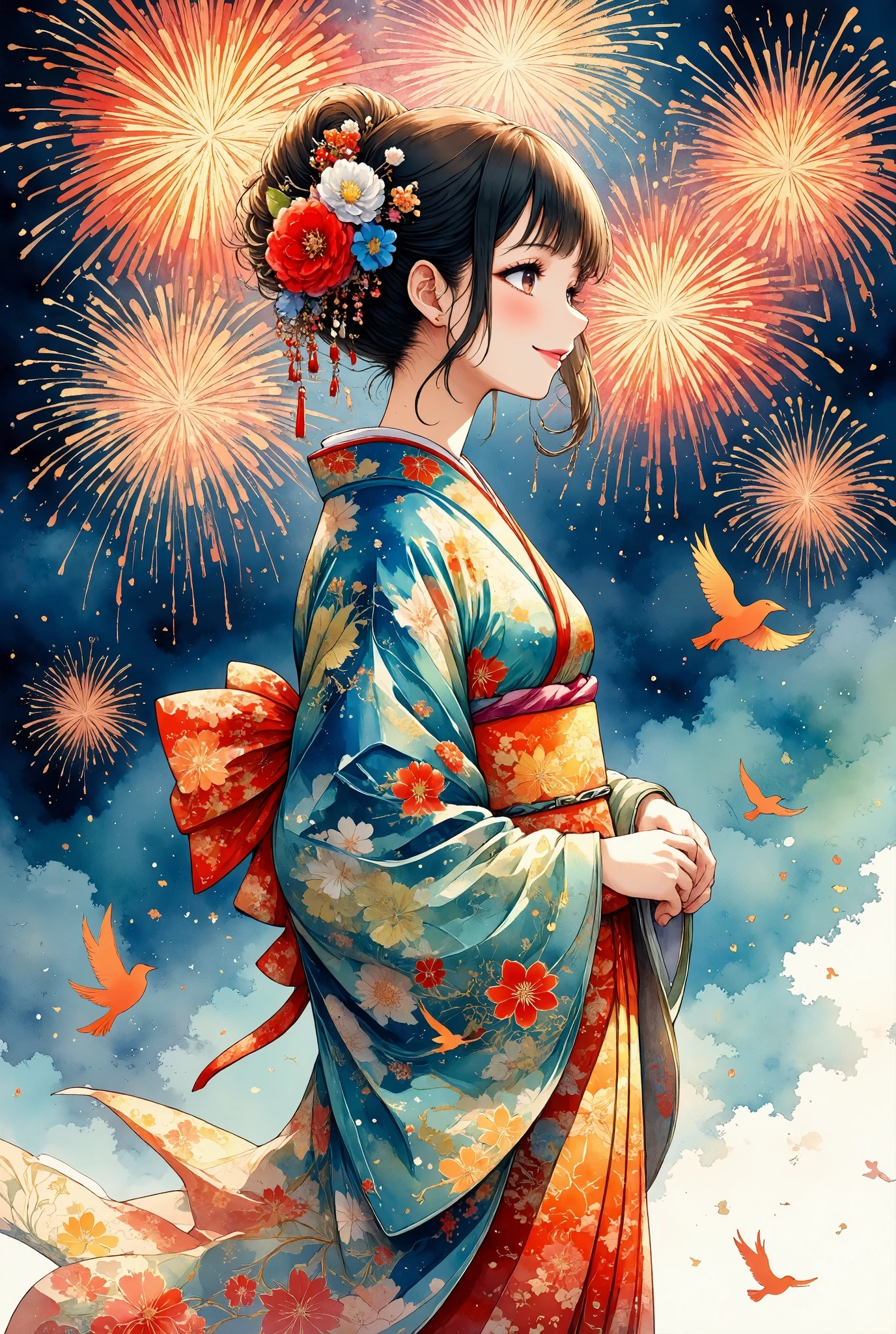 A serene scene featuring a girl in a traditional Japanese kimono, standing gracefully as vibrant birds fly around her. The birds are depicted as colorful silhouettes, each adorned with intricate, traditional Japanese patterns. In the background, large fireworks light up the sky, each explosion detailed with elegant Japanese motifs, similar to the birds' designs. The fireworks add vibrant reds, yellows, and blues to the night sky, their patterns beautifully blending with the swirling motion of the birds. The entire image has the delicate texture of washi paper, giving it a soft, artistic feel, while the harmonious mix of colors and traditional patterns creates a magical, celebratory atmosphere.