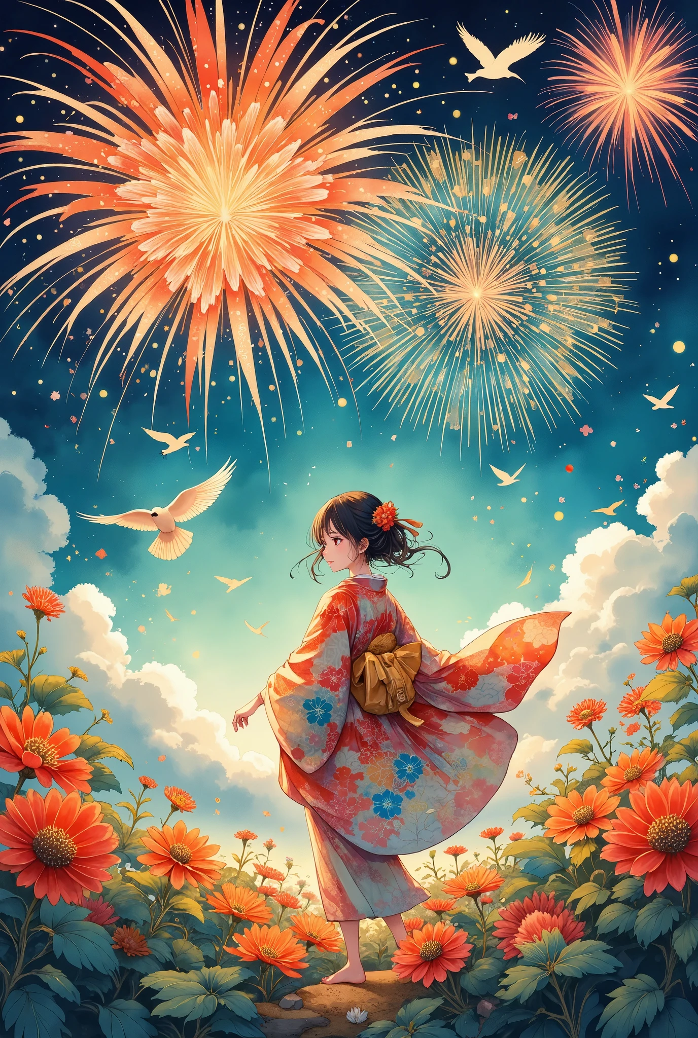 A serene scene featuring a girl in a traditional Japanese kimono, standing gracefully as vibrant birds fly around her. The birds are depicted as colorful silhouettes, each adorned with intricate, traditional Japanese patterns. In the background, large fireworks light up the sky, each explosion detailed with elegant Japanese motifs, similar to the birds' designs. The fireworks add vibrant reds, yellows, and blues to the night sky, their patterns beautifully blending with the swirling motion of the birds. The entire image has the delicate texture of washi paper, giving it a soft, artistic feel, while the harmonious mix of colors and traditional patterns creates a magical, celebratory atmosphere.