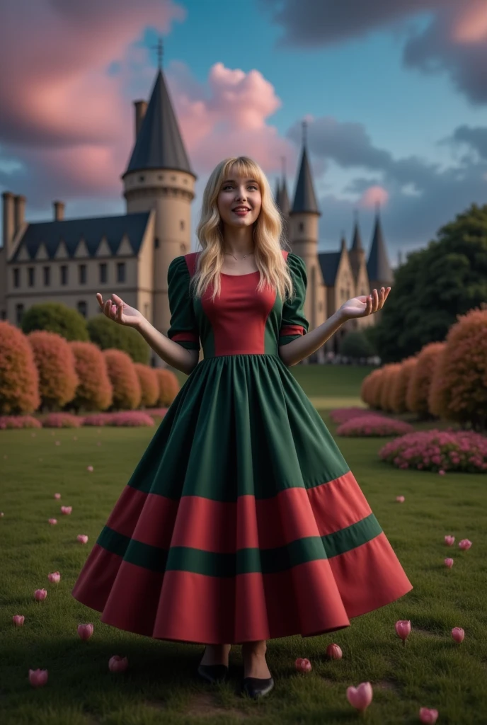 masterpiece photo of a blond full-length woman with green eyes dressed in Hogwarts mage uniform actively says something while gesticulating, a cheerful facial expression, blush, interesting dynamic pose, against the background of college of magic, a rich blue-purple sky with clouds, a lot of vegetation, bright colors, intricate bizarre color combinations