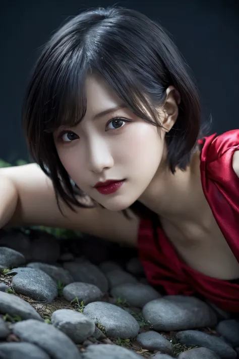 1 girl, (she is wearing a red dress:1.3), (gothic makeup), portrait of an adorable japanese symphonic metal singer, (raw photo b...