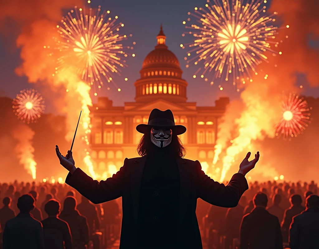 (Masterpiece:1.2, best quality, highres, 8k, high details, UHD, Complex depiction,) night, Movie１scene, (Alone:1.5, 1man\Guy Fawkes Mask\Black coat\black hat\Shoulder-length black hair), View your viewers:1.5, Wave the baton and conduct the music, commander, Alone:1.5, Exploding building behind\National Diet Building:1.3, Orange fireworks burst into flames, napalm, Colorful fireworks, Large flower