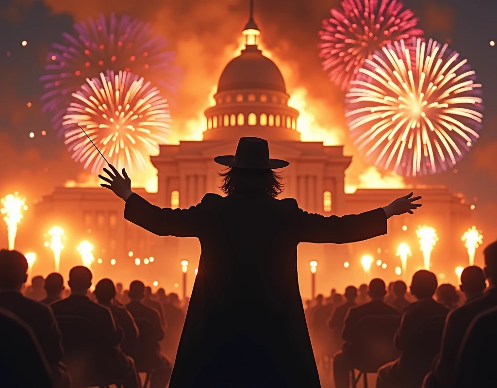 (Masterpiece:1.2, best quality, highres, 8k, high details, UHD, Complex depiction,) night, Movie１scene, (Alone:1.5, 1man\Guy Fawkes Mask\Black coat\black hat\Shoulder-length black hair), View your viewers:1.5, Wave the baton and conduct the music, commander, Alone:1.5, Exploding building behind\National Diet Building:1.3, Orange fireworks burst into flames, napalm, Colorful fireworks, Large flower