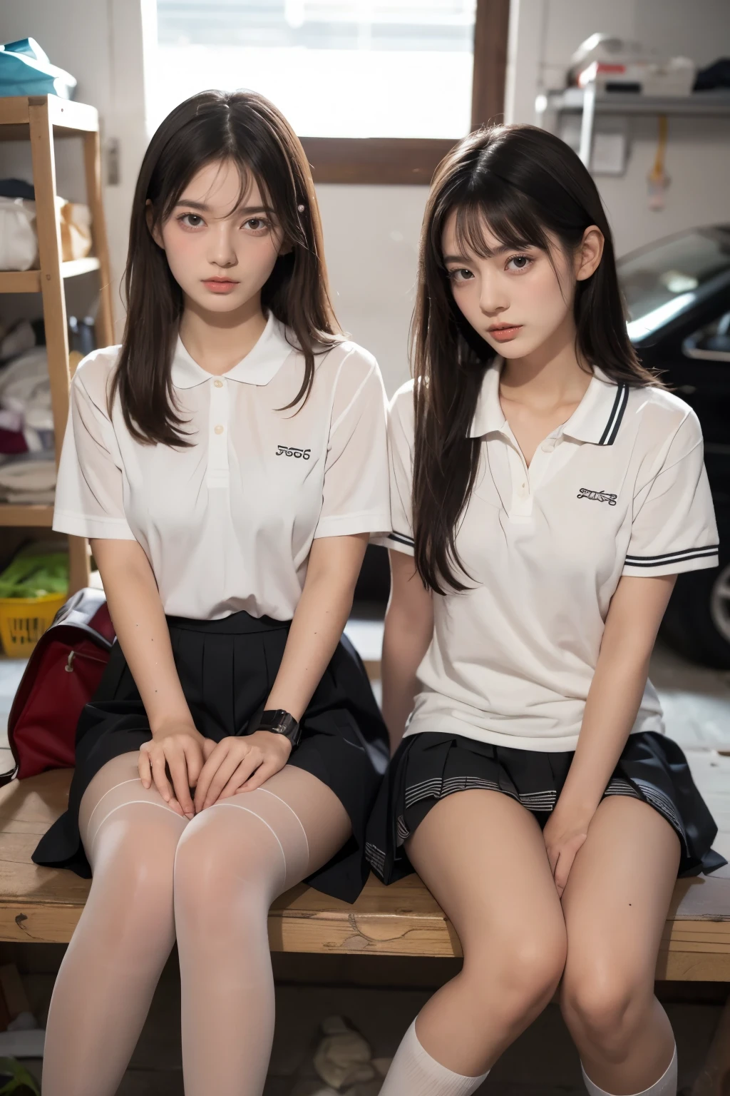 heavy rain, Soaking wet, Long Hair, Watch the audience, smile, bangs, (Two Girls:1.2), skirt, Brown Hair, shirt, Black Hair, Short sleeve, Brown eyes,  Long Hair, sitting in garage, white polo shirt, pleated skirt, Open clothes, shoes, socks, Striped, collared shirt,Hands behind back, bag, Pantyhose, Brown footwear, , school bag, Wet, 