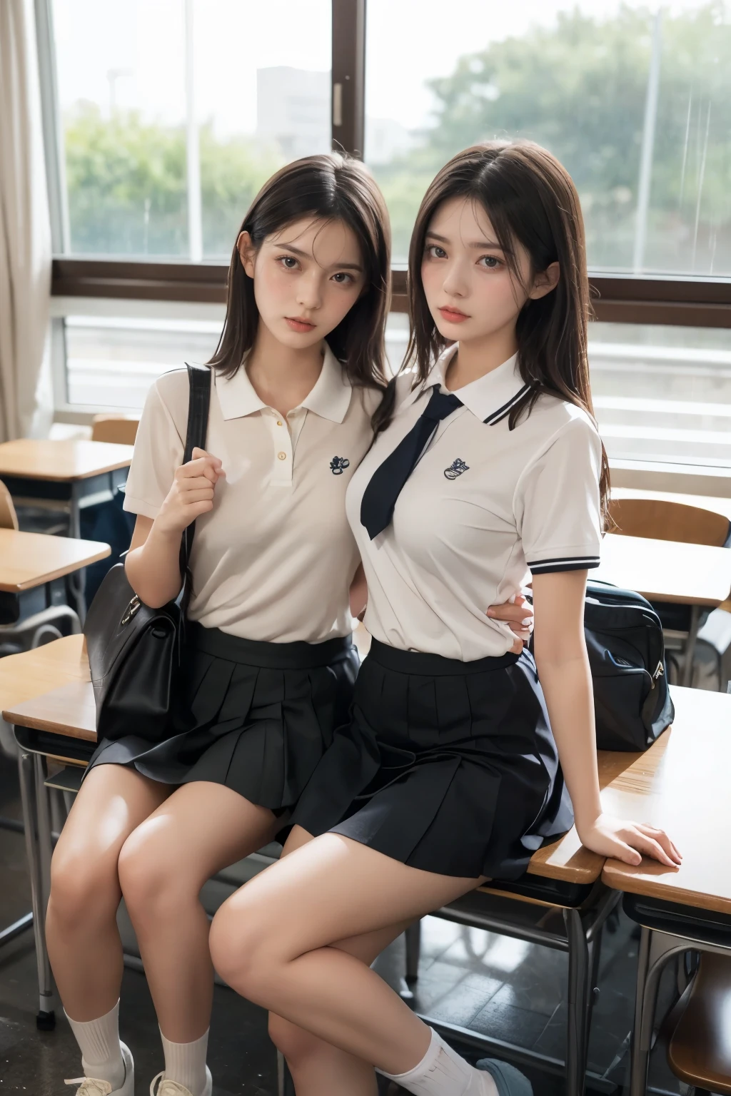 heavy rain, Soaking wet, Long Hair, Watch the audience, smile, bangs, (Two Girls:1.2), skirt, Brown Hair, shirt, Black Hair, Short sleeve, Brown eyes,  Long Hair, sitting in Classroom, white polo shirt, pleated skirt, Open clothes, shoes, socks, Striped, collared shirt,Hands behind back, bag, Pantyhose, Brown footwear, , school bag, Wet, 