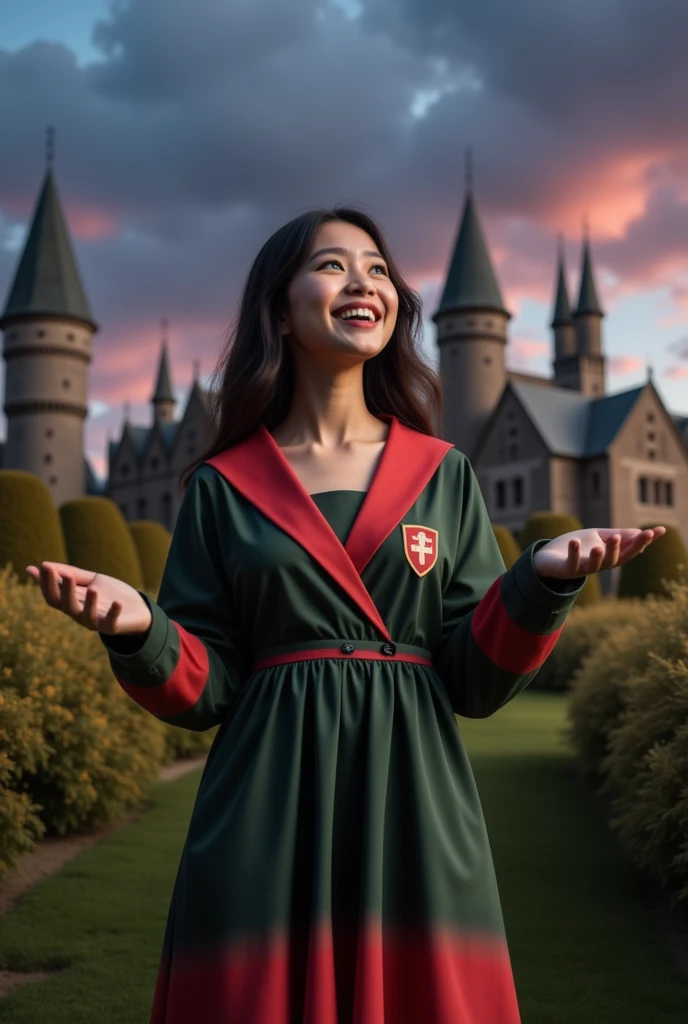 masterpiece photo of a dark-haired full-length woman with green eyes dressed in Hogwarts mage uniform actively says something while gesticulating, a cheerful facial expression, blush, interesting dynamic pose, against the background of college of magic, a rich blue-purple sky with clouds, a lot of vegetation, bright colors, intricate bizarre color combinations