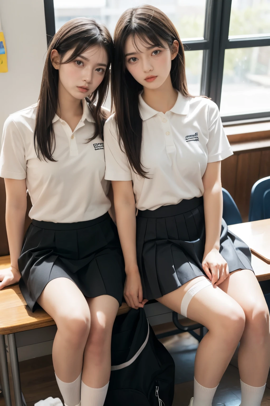 heavy rain, Soaking wet, Long Hair, Watch the audience, smile, bangs, (Two Girls:1.2), skirt, Brown Hair, shirt, Black Hair, Short sleeve, Brown eyes,  Long Hair, sitting in Classroom, white polo shirt, pleated skirt, Open clothes, shoes, socks, Striped, collared shirt,Hands behind back, bag, Pantyhose, Brown footwear, , school bag, Wet, 