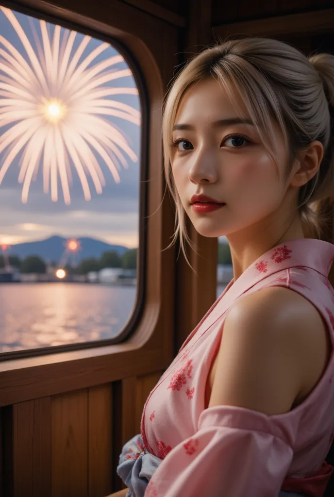 one girl, alone、brown eyes,屋形船の中で女の子がfireworkを眺めています、fantastic scenery、(looking away)、(firework), (festival) (pink floral print ...