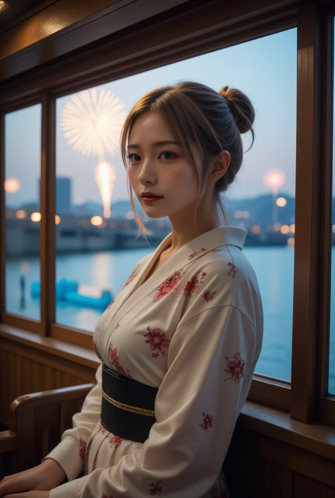 One girl, Alone、Brown eyes,屋形船の中でfireworkを見て、(looking away)、(firework), (festival) (Floral Yukata), Slender body, Silver Hair, double bun, (Attractive face, Provocative look, Open your lips:1.3, Eyeshadow, Eyeliner, Tear bags, Red lipstick), RAW Photos, 8k, (top-quality), Realistic, (Realistic photos, Intricate details), (Natural skin texture, Detailed skin, Hyperrealism, Sharpness)、Fantastic scenery、