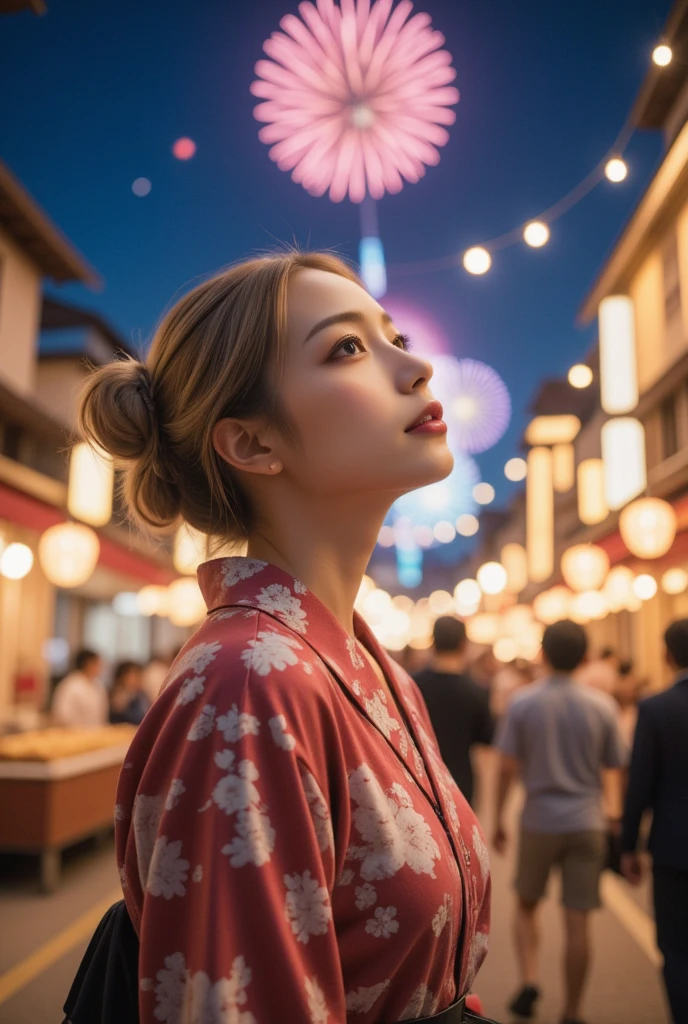 One girl, Alone、Brown eyes、(looking away)、(firework), (festival) (Floral Yukata), fireworkを見上げて、Slender body, Blonde, double bun, (Attractive face, Provocative look, Open your lips:1.3, Eyeshadow, Eyeliner, Tear bags, Red lipstick), RAW Photos, 8k, (top-quality), Realistic, (Realistic photos, Intricate details), (Natural skin texture, Detailed skin, Hyperrealism, Sharpness)、Fantastic scenery、Night food stalls、