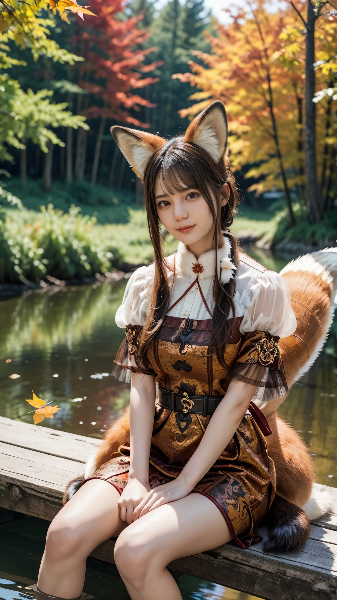 1 fox girl, ruby eyes, fox tail, fox ears, brown hair, chignon, (smile:0.9), (parted lips:0.9), cute, 
china dress, side slit, pelvic curtain, (sandals:0.9), 
sitting on bridge, leaning forward, knee up, 
(autumn leaves:1.1), (crimson stream:0.9), (crimson lighting:1.1), dancing leaves, night, 
sharp focus, looking at viewer, 
(intricate:1.1), (crimson tone:1.1), (brown tone:0.7), (crimson atmosphere:1.1), 
llustration, (anime coloring:1.1), high contrast, 
BREAK (masterpiece:1.2), (best quality:1.2), (very aesthetic:1.2), (absurdres:1.2), (detailed background), newest, ai-generated, (intricate details:1.2), (gigantic :1.4), (Fluffy fox tail:1.5),(See-through costume:1.4)