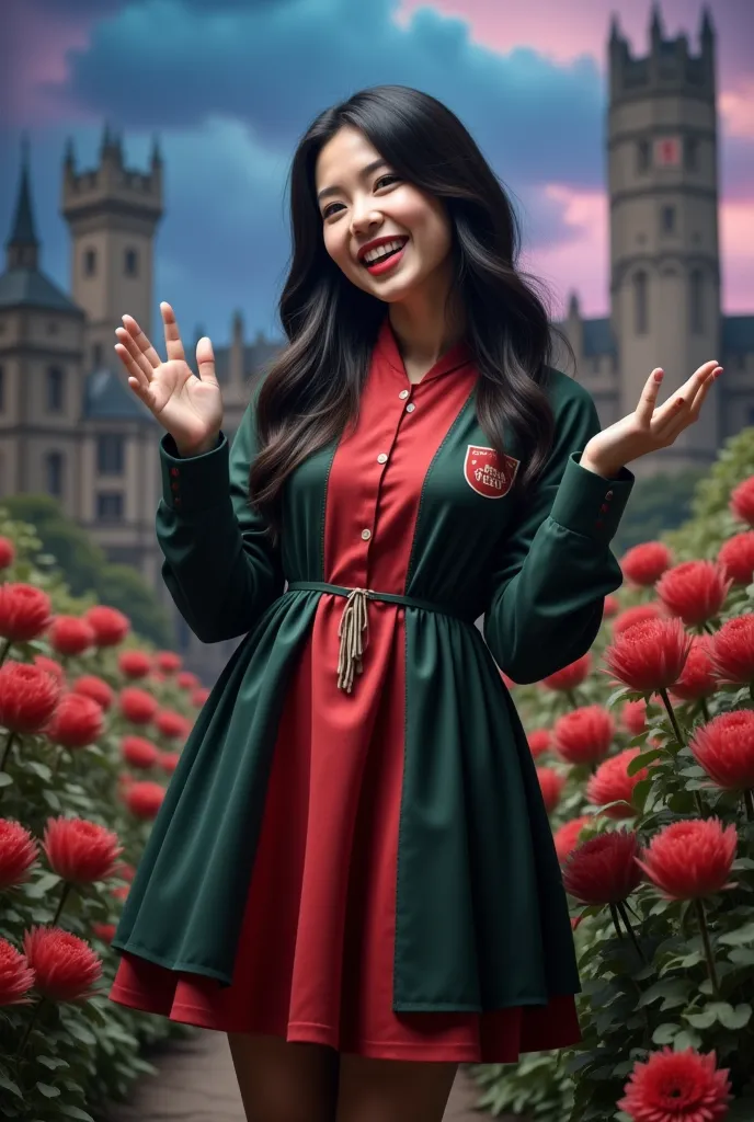 masterpiece photo of a dark-haired full-length woman with red eyes dressed in hogwarts mage uniform actively says something whil...