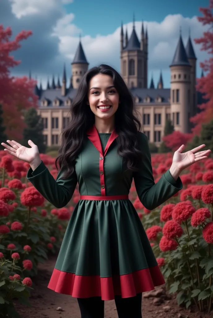 masterpiece photo of a dark-haired full-length woman with red eyes dressed in hogwarts mage uniform actively says something whil...