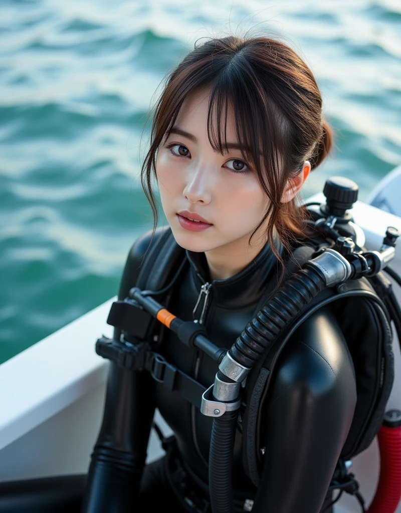 A beautiful and cute 18-year-old Japanese girl with photo-realistic features, extreme close up:1.1, Scuba Diving, Resting on the boat, Natural Makeup, Front View:1.21, Perfect Anatomy:1.21, Small head:1.21, Slender body:1.37, Narrow waist:1.5, Thin limbs:1.5, Flat Chest:1.5, Anatomically correct limbs, Diving Suits, Fully equipped for diving, Very cute Japanese woman, Brown Hair, Chignon Hair, Calm sea in summer, Dynamic and emotional movie lighting, 