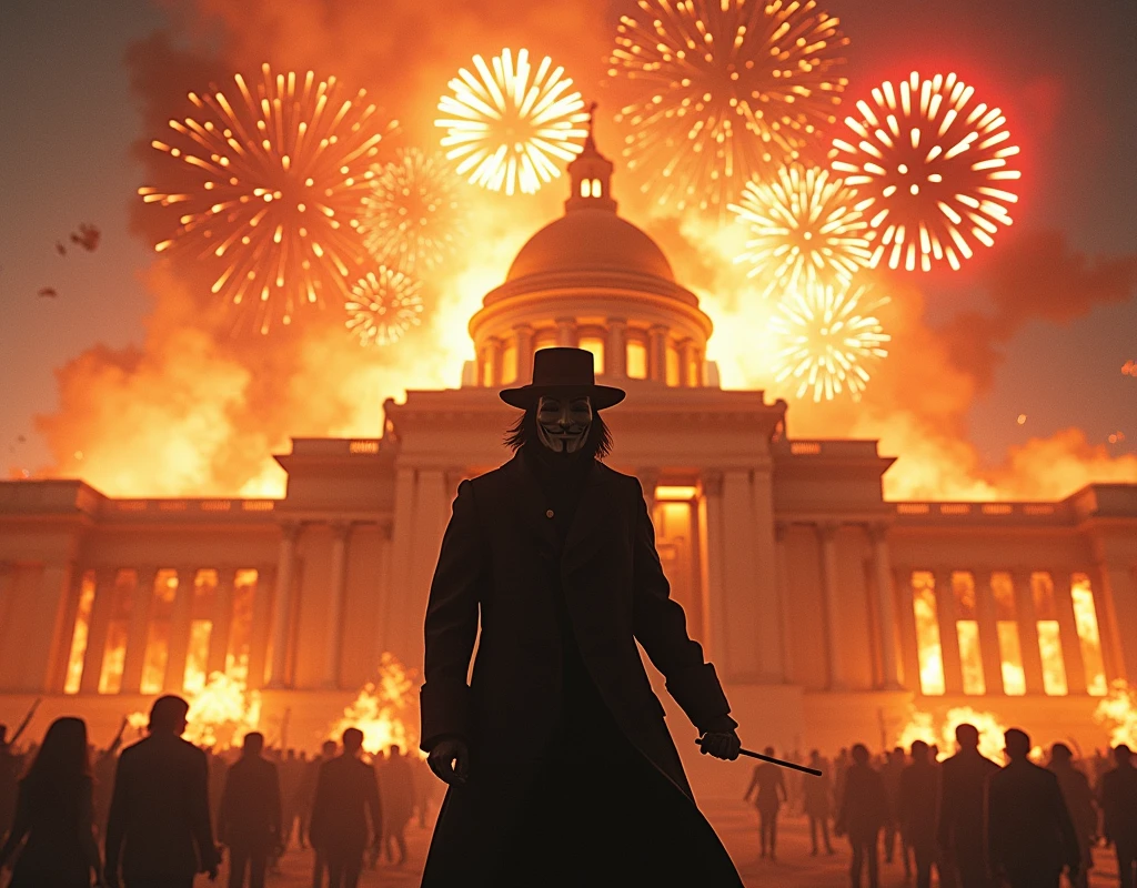 (Masterpiece:1.2, best quality, highres, 8k, high details, UHD, Complex depiction,) night, Movie１scene, (Alone:1.5, 1man\Guy Fawkes Mask\Black coat\black hat\Shoulder-length black hair), View your viewers:1.5, Wave the baton and conduct the music, commander, Alone:1.5, Exploding building behind\National Diet Building:1.3, Orange fireworks burst into flames, napalm, Colorful fireworks, Large flower